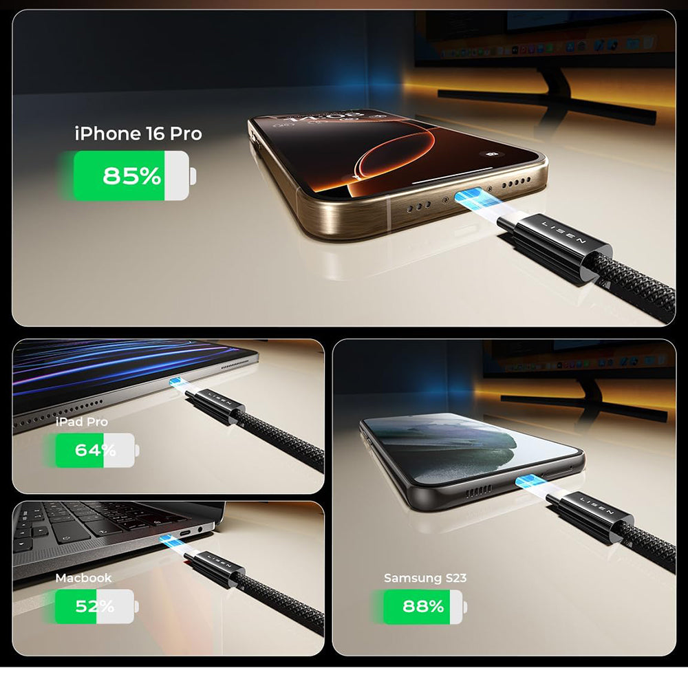 Cablu Date si Incarcare USB-C - USB-C Lisen, 60W, Set 5 bucati (2 x 1m, 2 x 2m, 1 x 3m), Negru YL0123070010