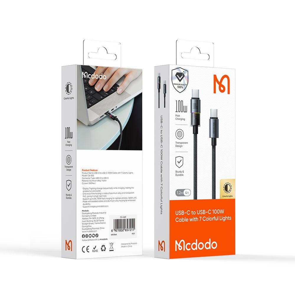 Cablu Date si Incarcare USB-C - USB-C McDodo CA-8200 Colorful, 100W, 1.2m, Negru