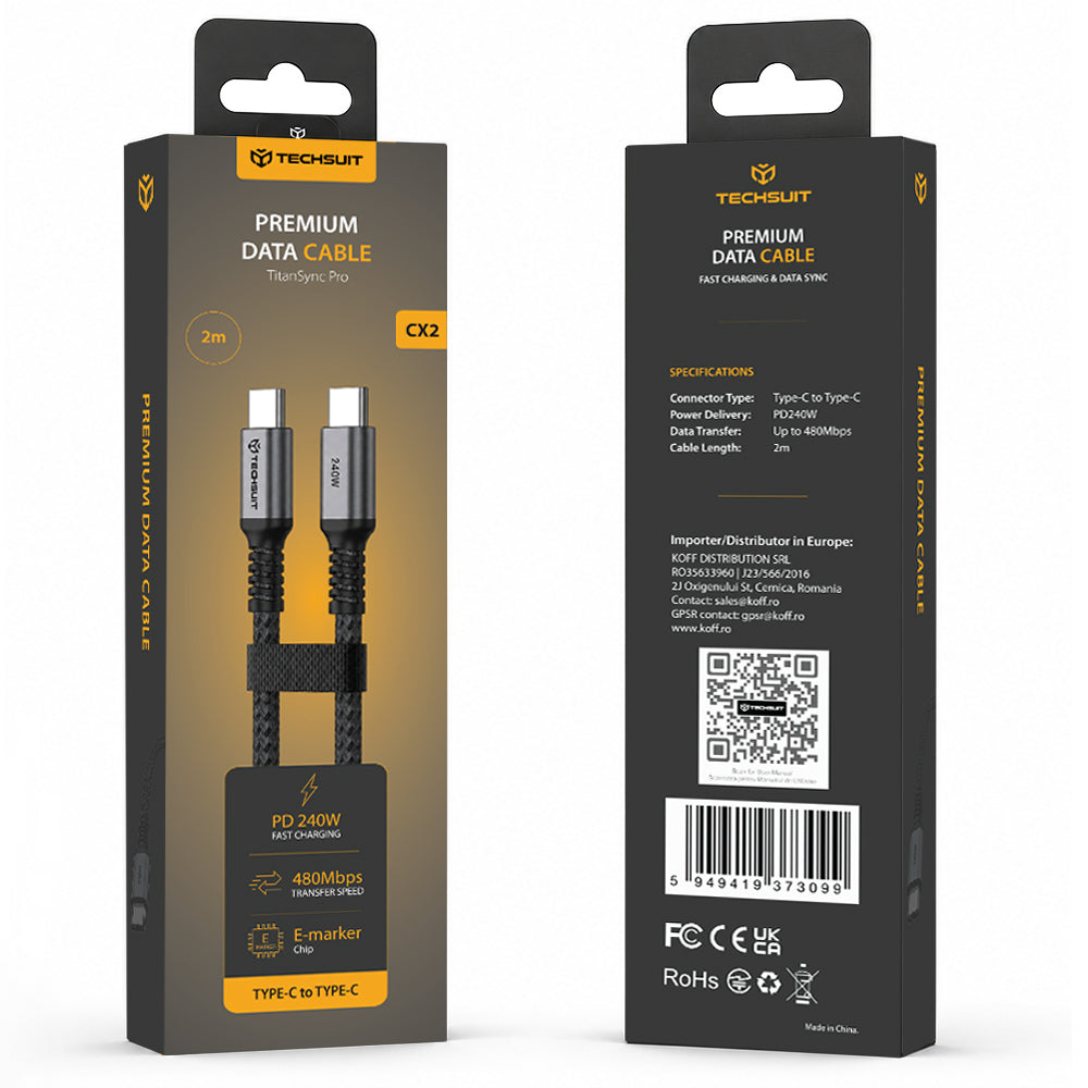 Cablu Date si Incarcare USB-C - USB-C Techsuit TitanSync Pro CX2, 240W, 2m, Gri