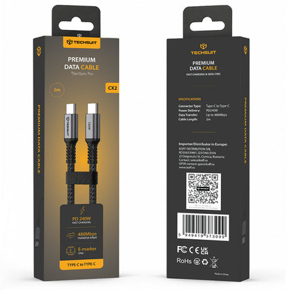 Cablu Date si Incarcare USB-C - USB-C Techsuit TitanSync Pro CX2, 240W, 2m, Gri