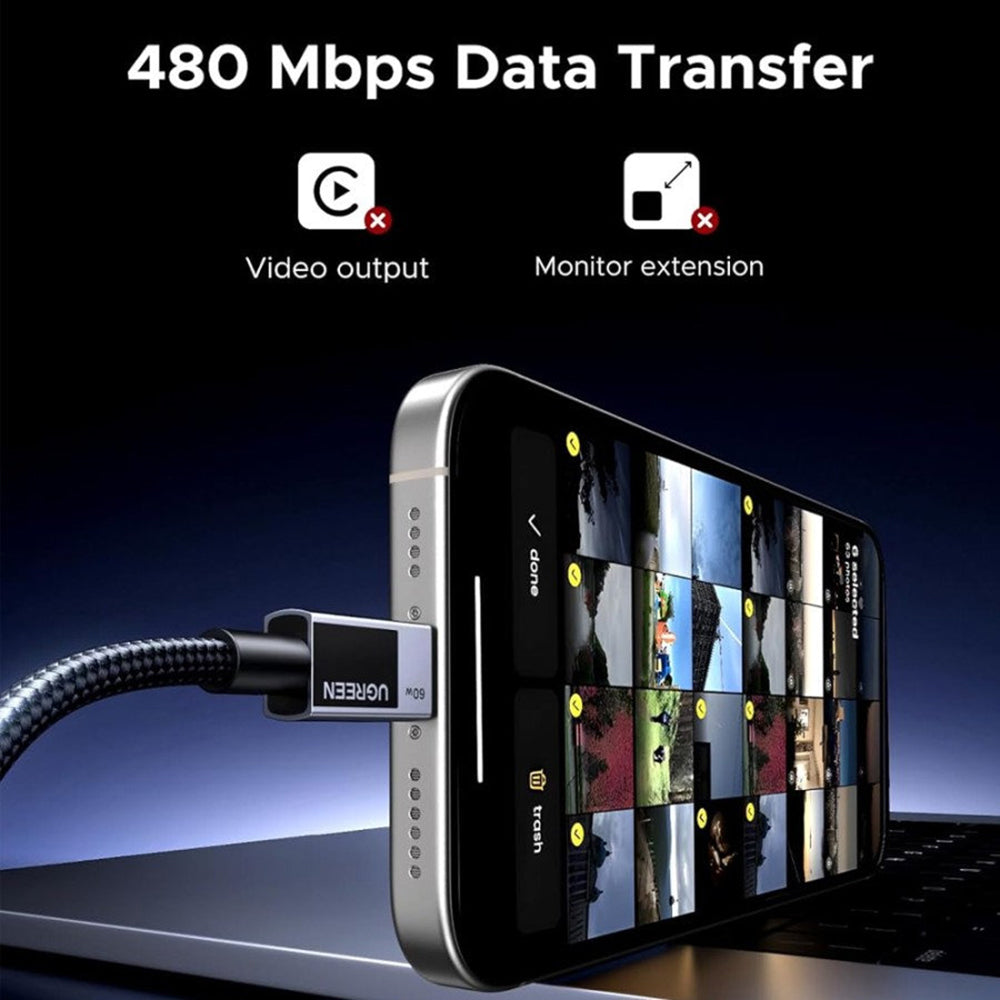 Cablu Date si Incarcare USB-C - USB-C UGREEN L524, 60W, 1m, Gri