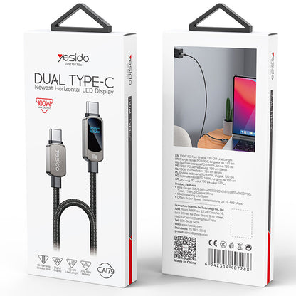 Cablu Date si Incarcare USB-C - USB-C Yesido CA179 Display, 100W, 1.2m, Negru