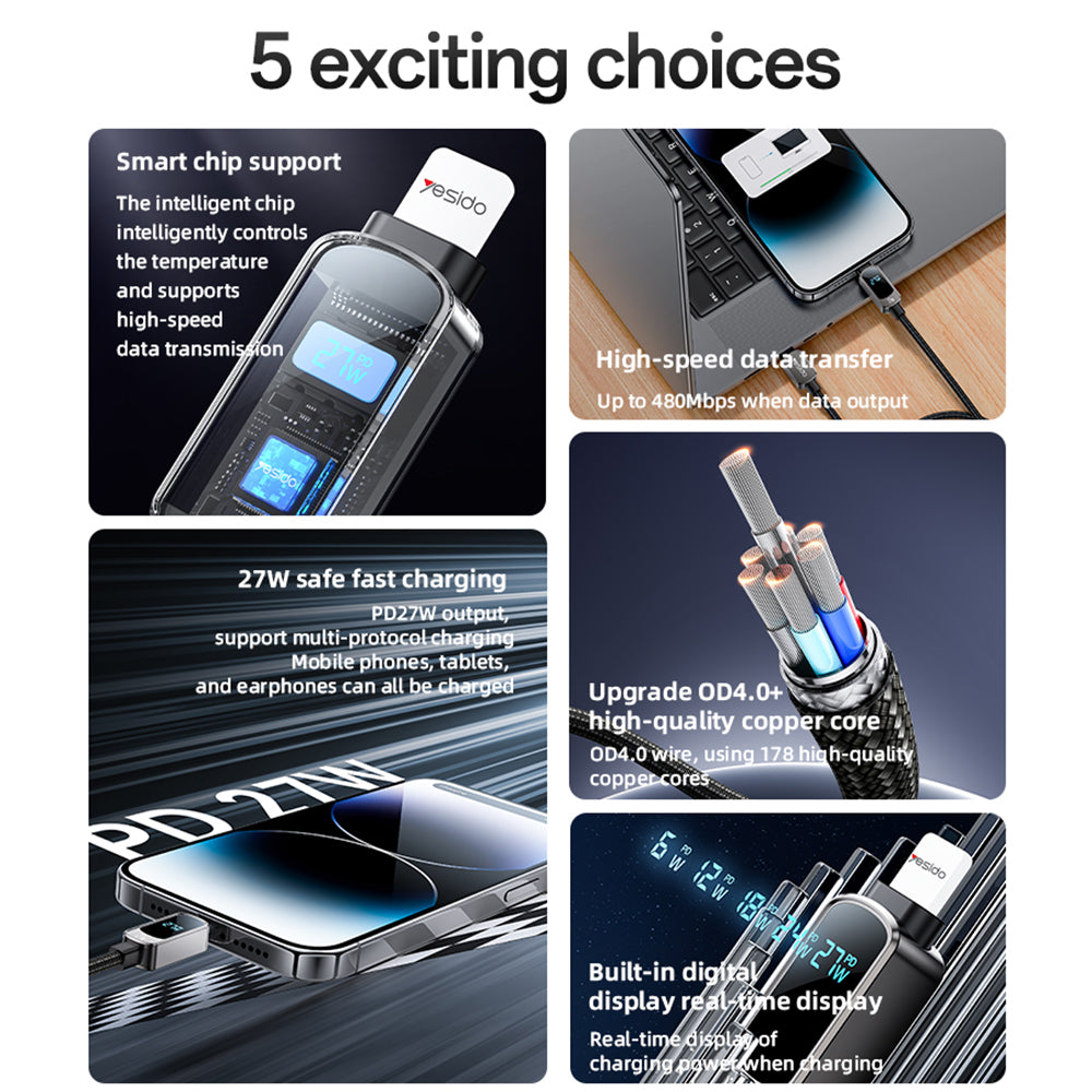 Cablu Date si Incarcare USB-C - USB-C Yesido CA180 Display, 27W, 1.2m, Negru