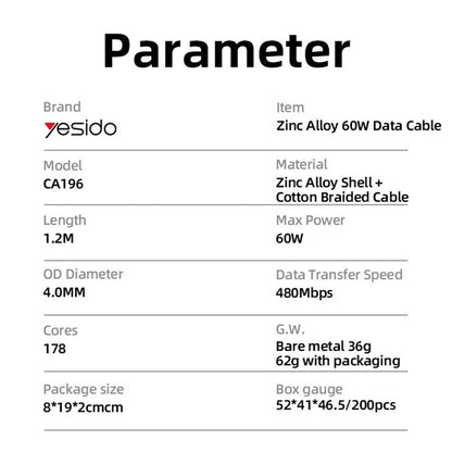 Cablu Date si Incarcare USB-C - USB-C Yesido CA196, 60W, 1.2m, Negru