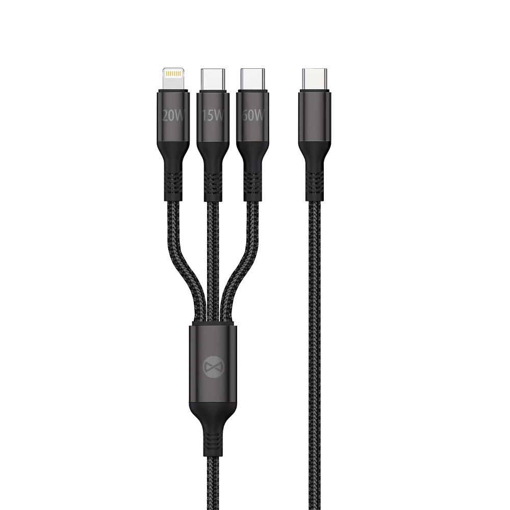 Kabel ładujący Forever 3w1 USB-A - Lightning / 2 x USB-C, 60 W, 1,2 m, czarny