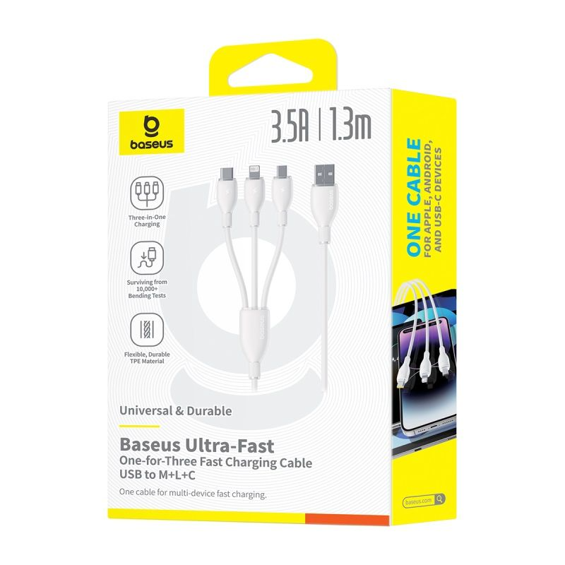 Cablu Incarcare USB-A - Lightning / microUSB / USB-C Baseus Ultra Fast 3in1, 18W, 1.3m, Alb P10376303211-00