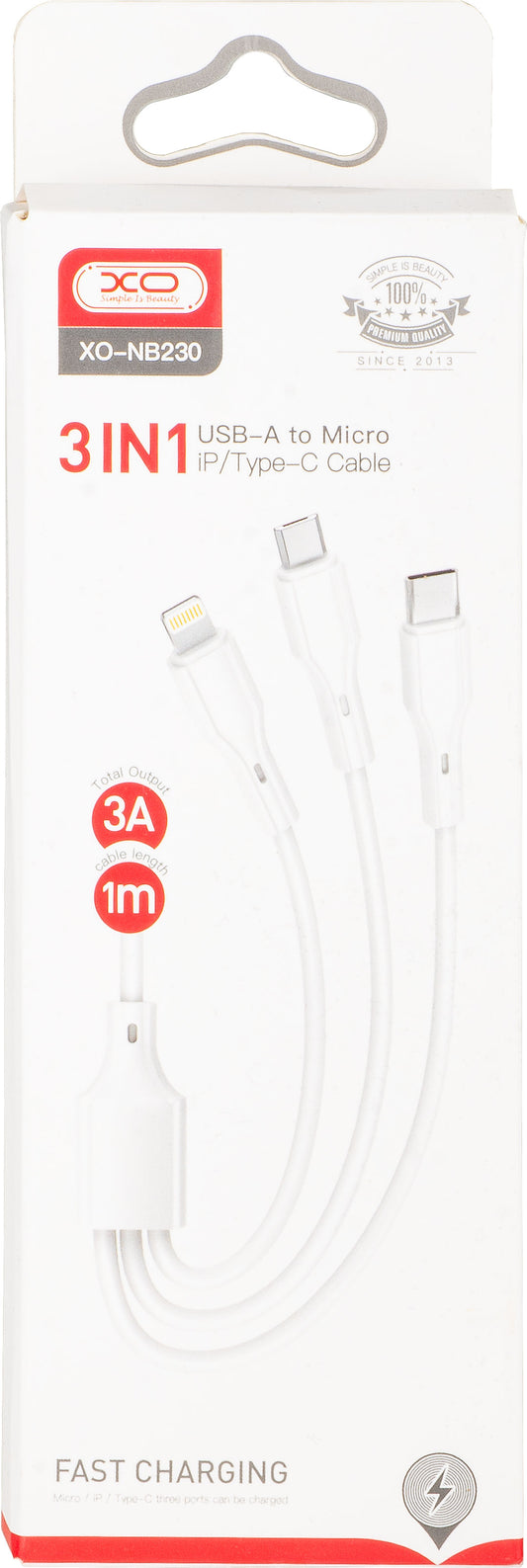 Cablu Incarcare USB-A - Lightning / microUSB / USB-C XO Design NB230 3in1, 20W, 1m, Alb