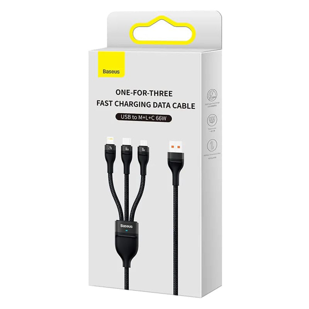 Cablu Incarcare USB-A - Lightning / microUSB / USB-C Baseus Flash Series II 3in1, 66W, 1.2m, Negru CASS040001