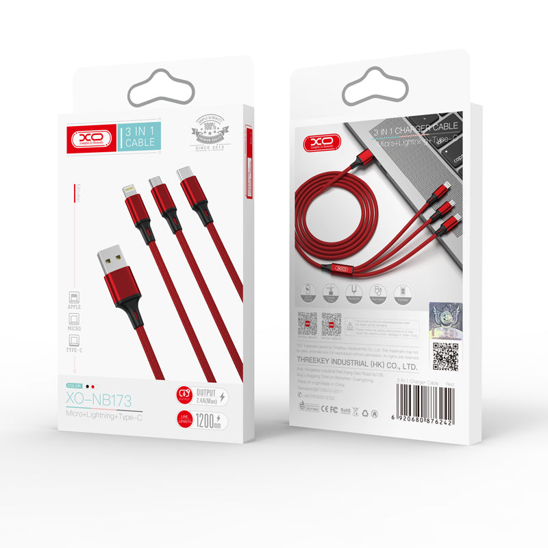 Cablu Incarcare USB-A - Lightning / microUSB / USB-C XO Design NB173 3in1, 18W, 1.2m, Rosu