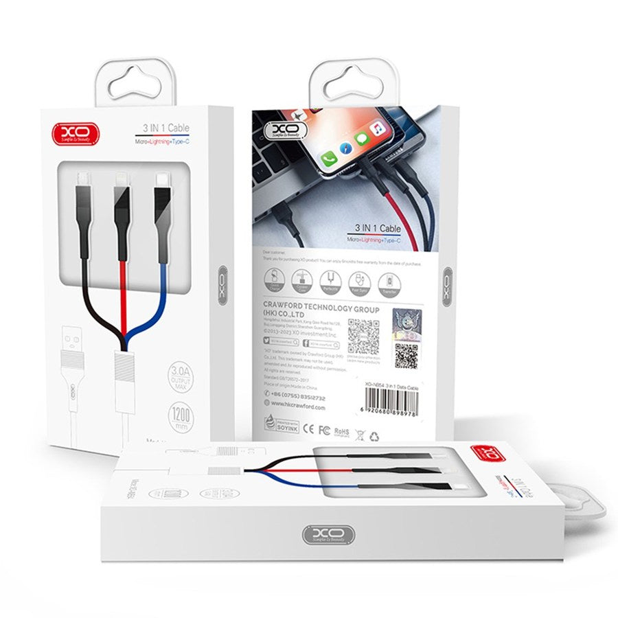 Cablu Incarcare USB-A - Lightning / microUSB / USB-C XO Design NB54, 18W, 1.2m, Multicolor