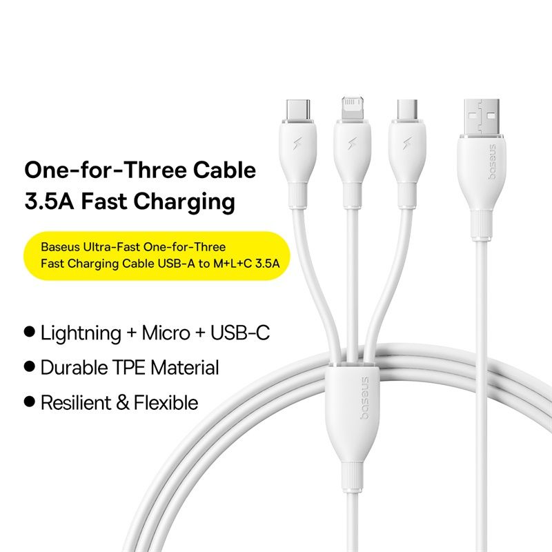 Cablu Incarcare USB-A - Lightning / microUSB / USB-C Baseus Ultra Fast 3in1, 18W, 1.3m, Alb P10376303211-00