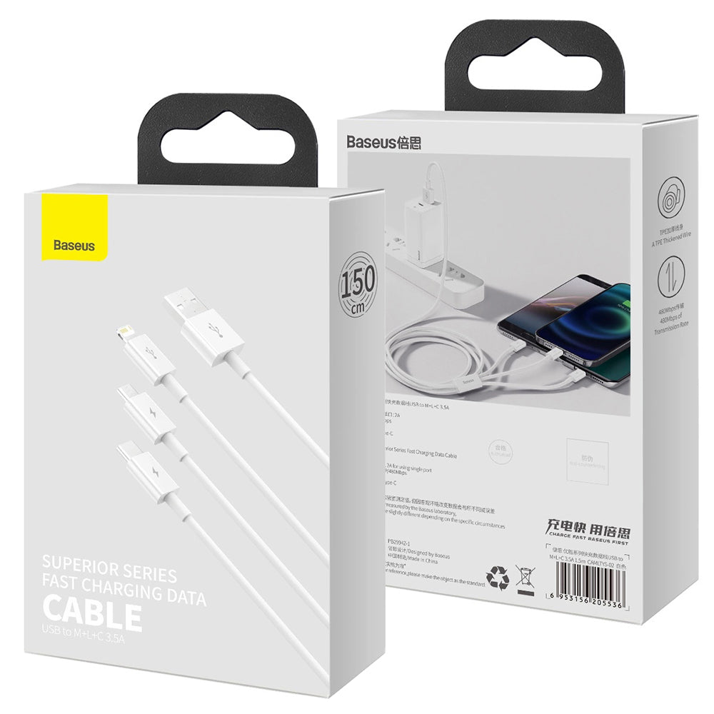Cablu Incarcare USB-A - Lightning / microUSB / USB-C Baseus Superior 3in1 Series, 20W, 1m, Alb P10320105221-00