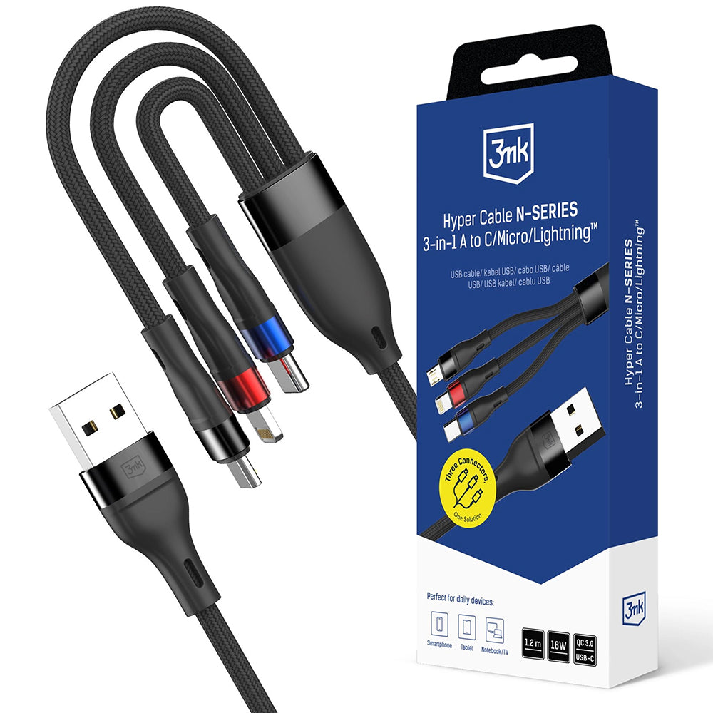 Cablu Incarcare USB-A - Lightning / microUSB / USB-C 3MK Hyper N, 18W, 1.2m, Negru