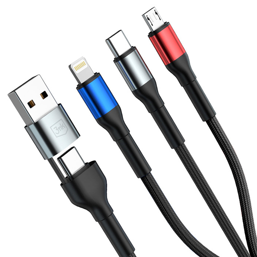 Cablu Incarcare USB-A / USB-C - Lightning / microUSB / USB-C 3MK Hyper N, 18W, 1.2m, Negru