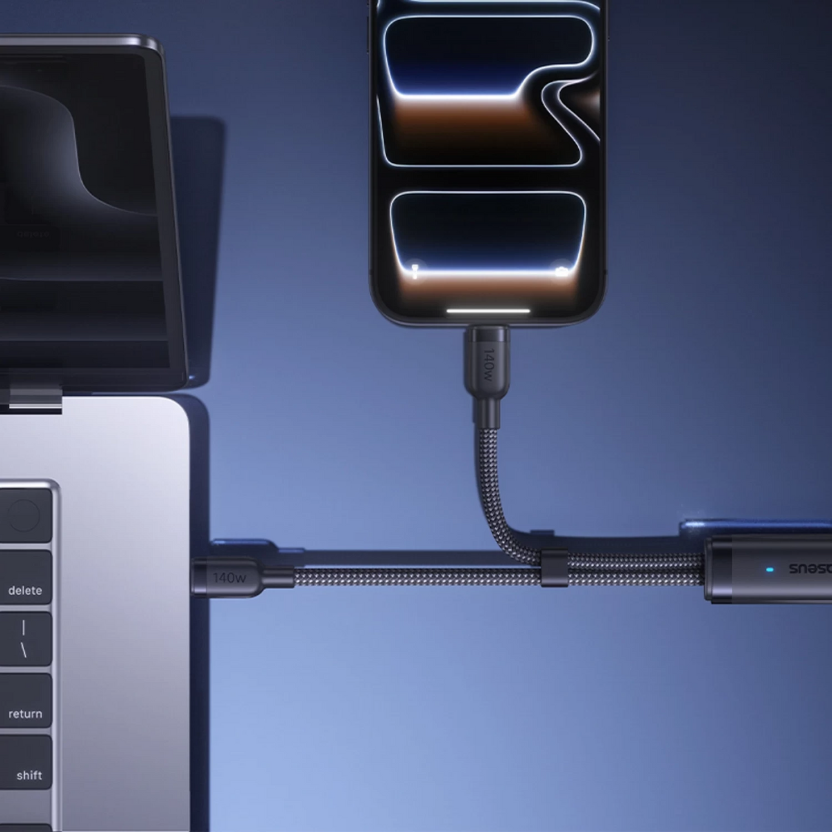 Cablu Incarcare USB-C - 2 x USB-C Baseus Flash 4 2in1, 140W, 1.5m, Negru E0426X00