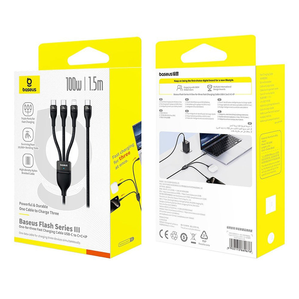Cablu Incarcare USB-C - Lightning / 2 x USB-C Baseus Flash Series III 3in1, 100W, 1.5m, Negru P10377502111-00