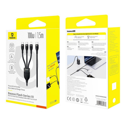 Cablu Incarcare USB-C - Lightning / 2 x USB-C Baseus Flash Series III 3in1, 100W, 1.5m, Negru P10377502111-00