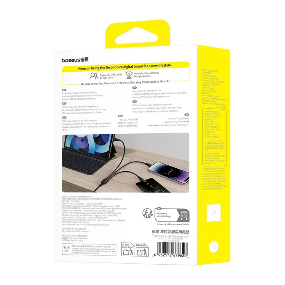 Cablu Incarcare USB-C - Lightning / microUSB / USB-C Baseus Ultra Fast 3in1, 20W, 0.8m, Negru P10377501111-00