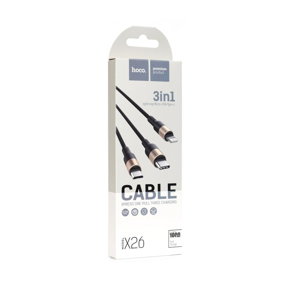 Kabel ładujący USB-A - Lightning / microUSB / USB-C HOCO X26 Xpress 3w1, 18W, 1m, złoty