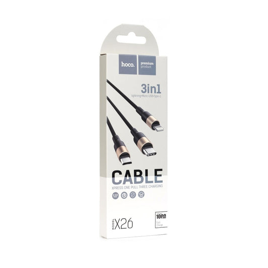 Kabel ładujący USB-A - Lightning / microUSB / USB-C HOCO X26 Xpress 3w1, 18W, 1m, złoty