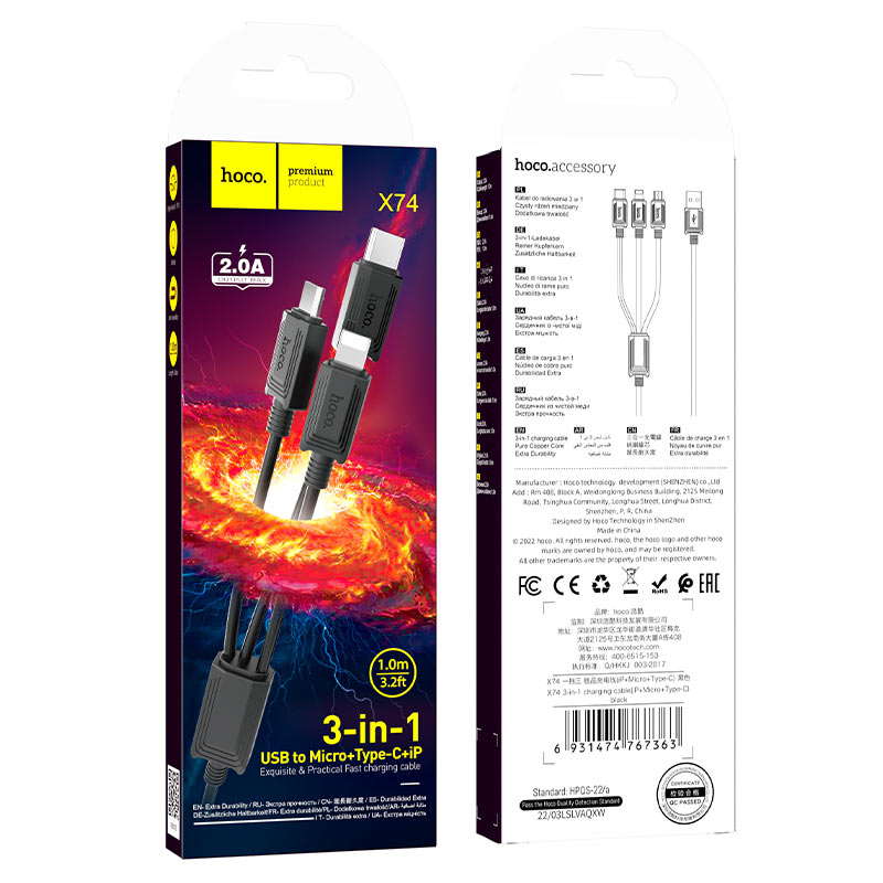 Cablu Incarcare USB-A - Lightning / microUSB / USB-C HOCO X74 3in1, 18W, 1m, Negru