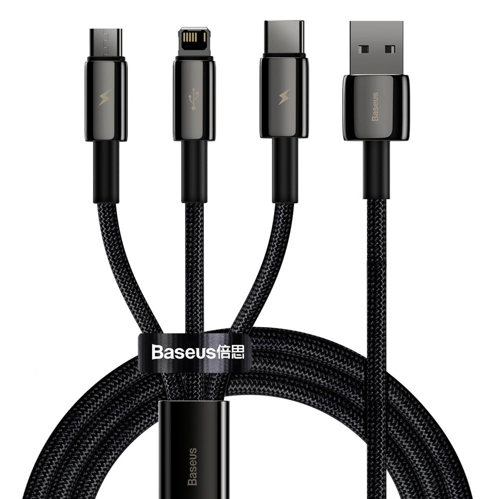 Kabel ładujący USB-A - Lightning / microUSB / USB-C Baseus Tungsten Gold 3w1, 18 W, 1,5 m, czarny CAMLTWJ-01 