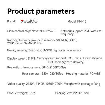 Camera Auto Fata Spate Yesido KM15, 4K, Wi-Fi, Afisaj 2inch