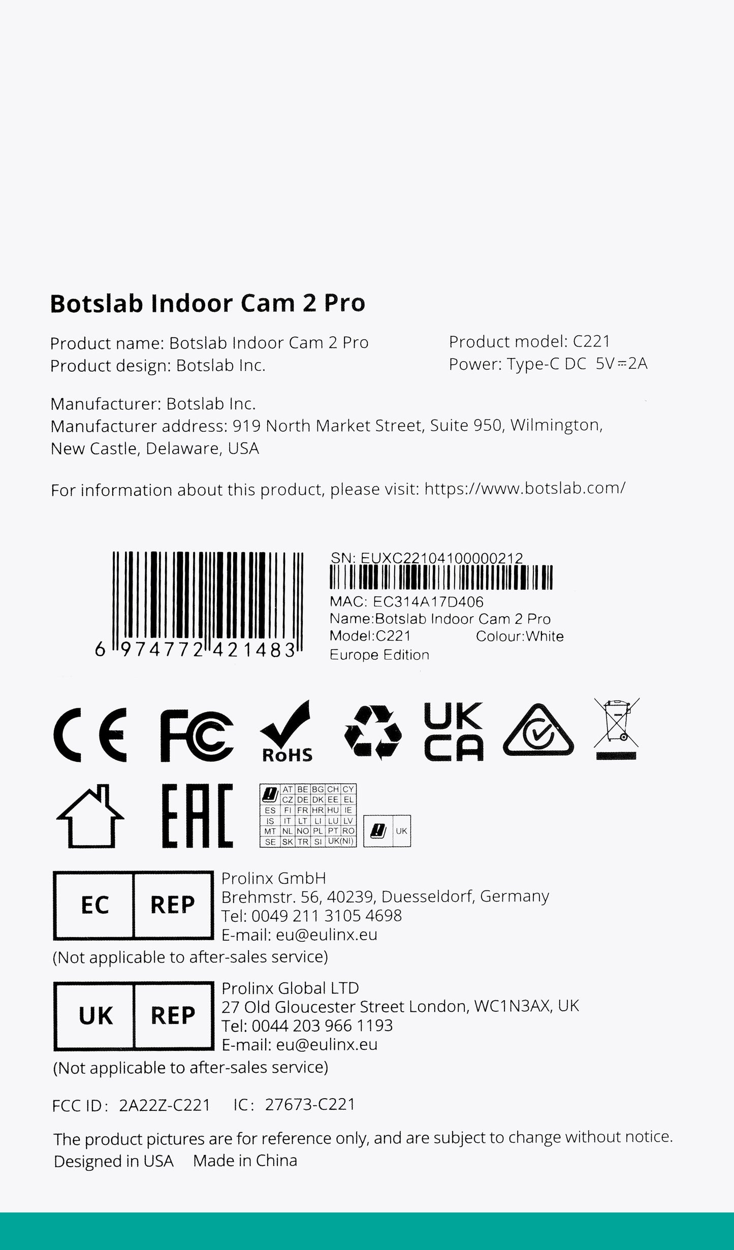 Kamera do monitoringu Botslab 2 Pro C221, Wi-Fi, 3K, wewnętrzna 