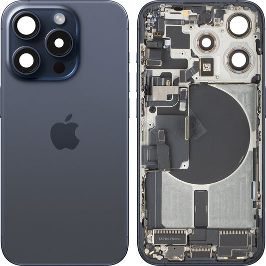 Capac Baterie Apple iPhone 15 Pro, Cu Carcasa Mijloc, Full Parts, Albastru (Blue Titanium), Swap