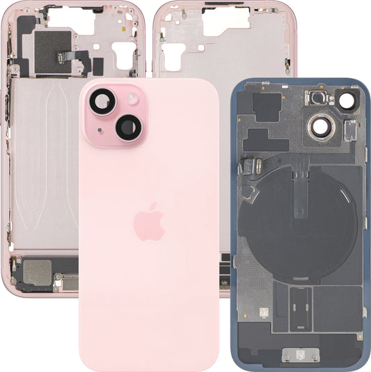 Capac Baterie Apple iPhone 15, Cu Carcasa Mijloc, Full Parts, Roz, Swap Premium