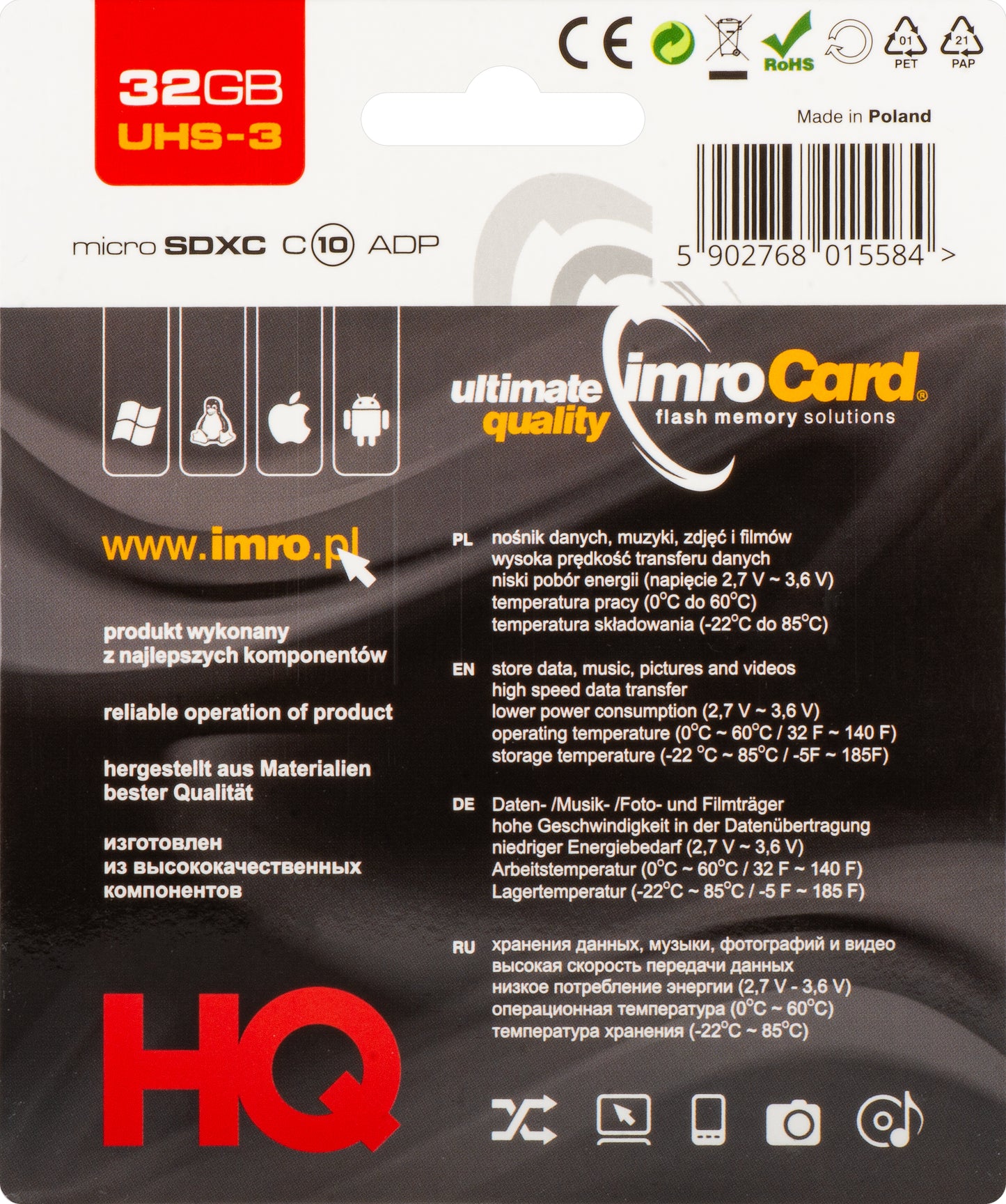Card Memorie microSDHC Imro, 32Gb, Clasa 10 / UHS-1 U3, Cu Adaptor