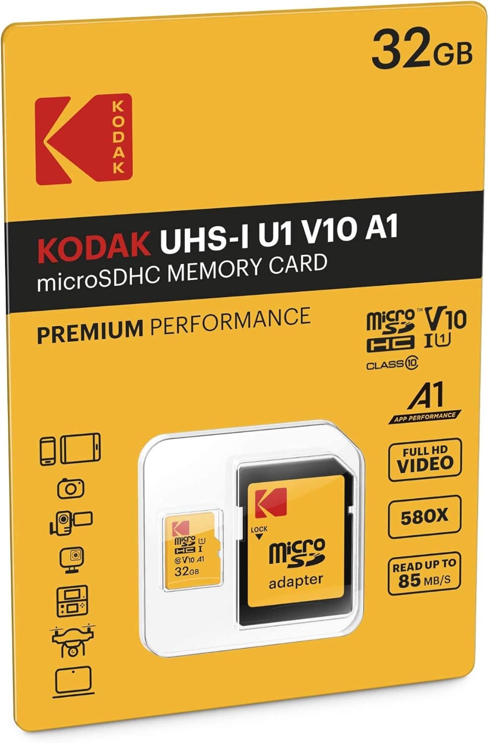 Card Memorie microSDHC Kodak Premium Performance, 32Gb, Clasa 10 / UHS-1 U1, Cu Adaptor EKMSDM32GHC10K