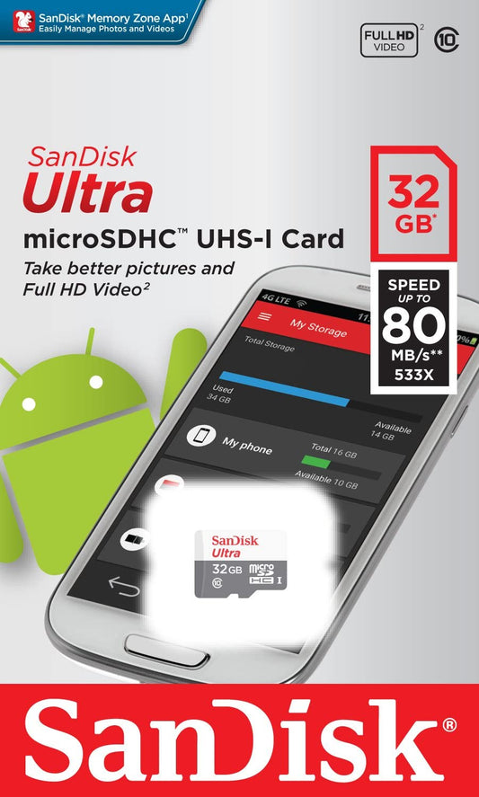 Karta pamięci microSDHC SanDisk Ultra Android, 32 GB, klasa 10 / UHS-1 U1 SDSQUNR-032G-GN3MN SDSQUNR-032G-GN3MN