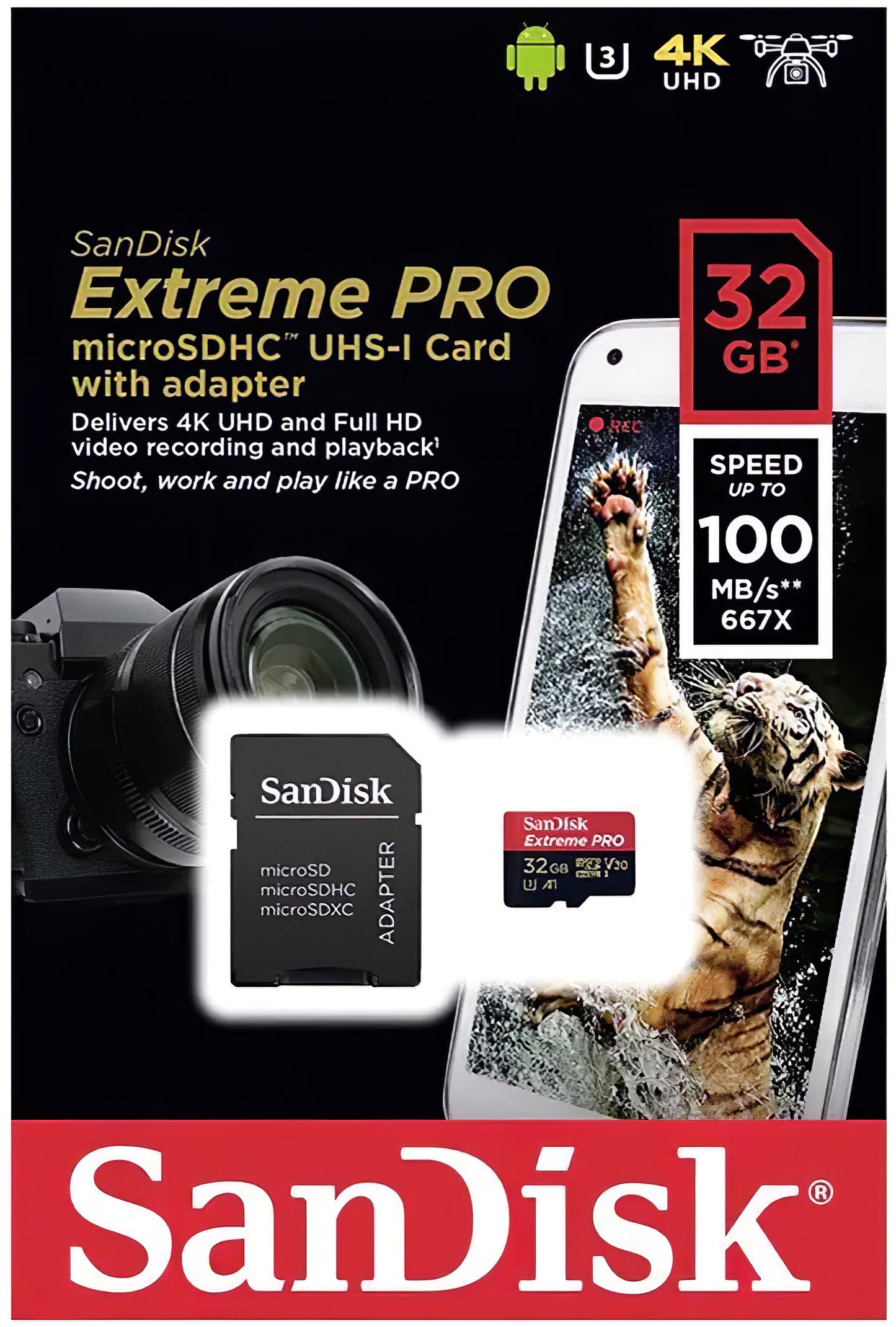 Card Memorie microSDHC SanDisk Extreme Pro, 32Gb, Clasa 10 / UHS-1 U3, Cu Adaptor SDSQXCG-032G-GN6MA