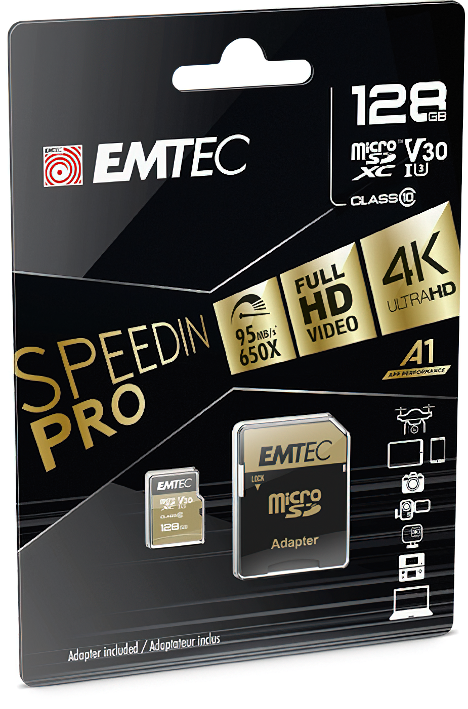 Card Memorie microSDXC Emtec Speedin Pro Android A1, 128Gb, Clasa 10 / UHS-1 U3, Cu Adaptor ECMSDM128GXE