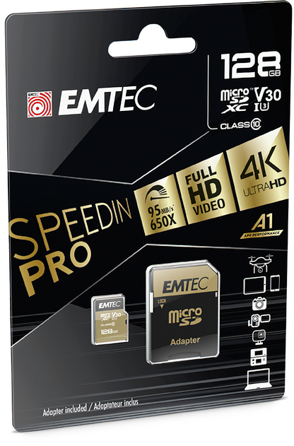 Card Memorie microSDXC Emtec Speedin Pro Android A1, 128Gb, Clasa 10 / UHS-1 U3, Cu Adaptor ECMSDM128GXE