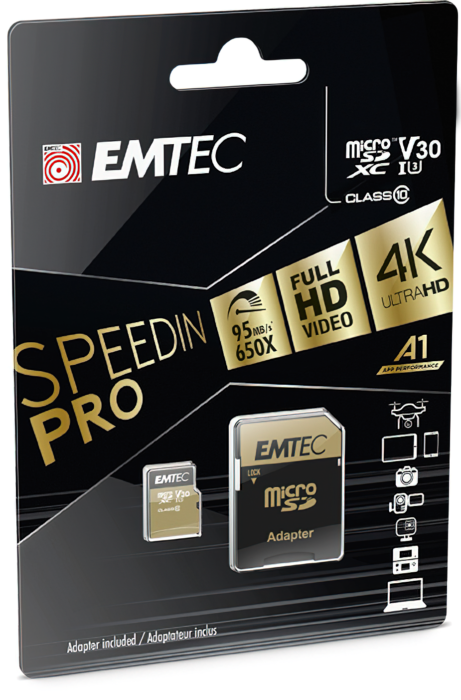 Card Memorie microSDXC Emtec Speedin Pro Android A1, 64Gb, Clasa 10 / UHS-1 U3, Cu Adaptor ECMSDM64GXC