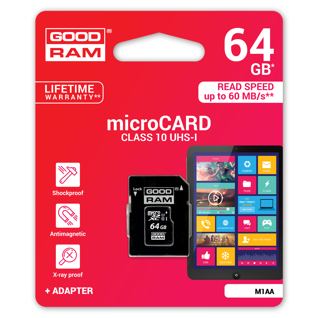 Card Memorie microSDXC GoodRam, 64Gb, Clasa 10 / UHS-1 U1, Cu Adaptor M1AA-0640R12