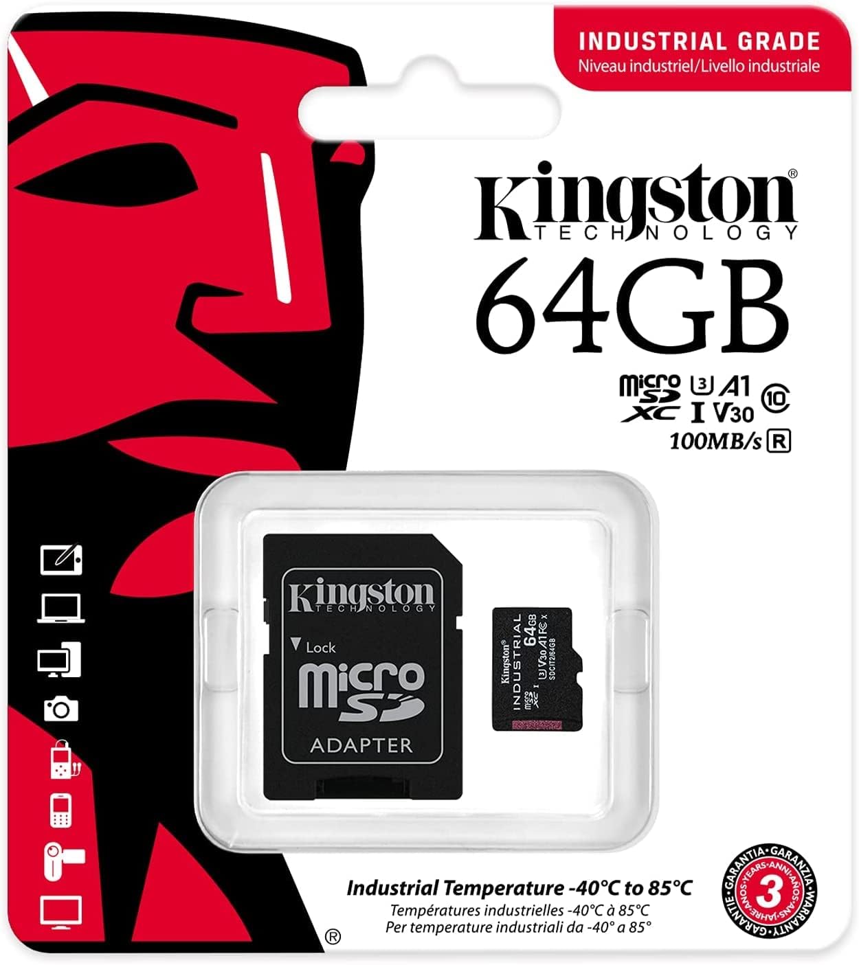Card Memorie microSDXC Kingston Industrial, 64Gb, Clasa 10 / UHS-1 U3, Cu Adaptor SDCIT2/64GB