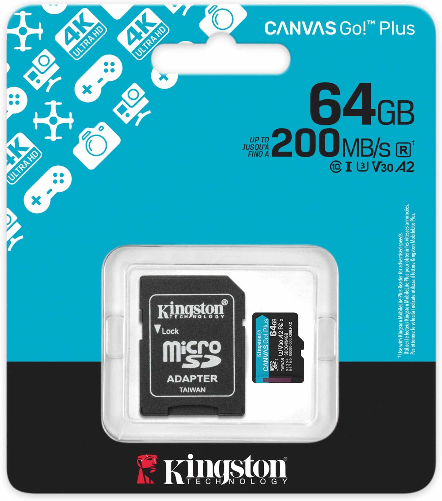 Card Memorie microSDXC Kingston Canvas Go Plus Android A2, 64Gb, Clasa 10 / UHS-1 U3, Cu Adaptor SDCG4/64GB