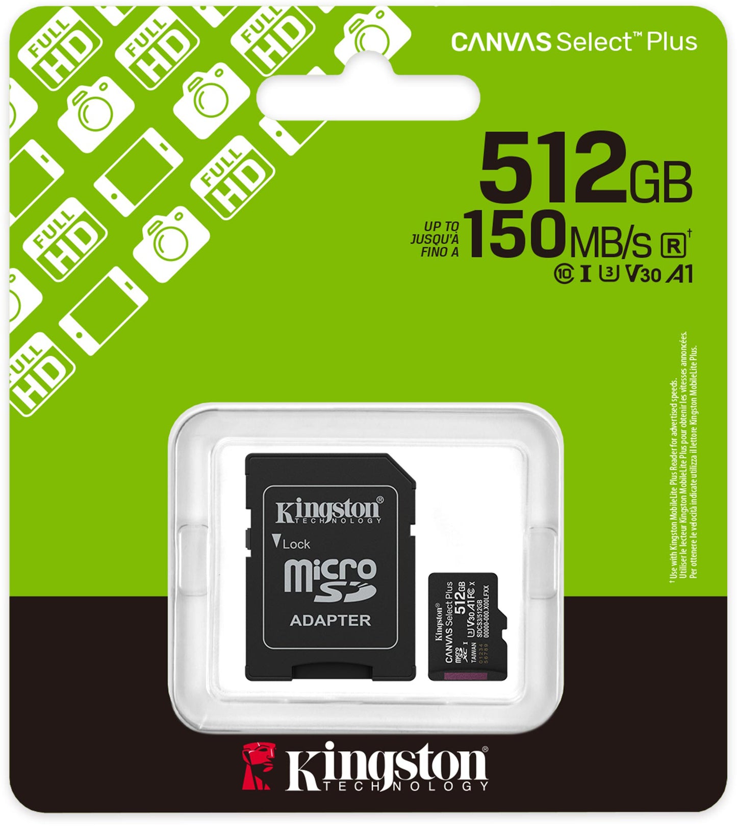 Card Memorie microSDXC Kingston Canvas Select Plus Android A1, 512Gb, Clasa 10 / UHS-1 U3, Cu Adaptor SDCS3/512GB