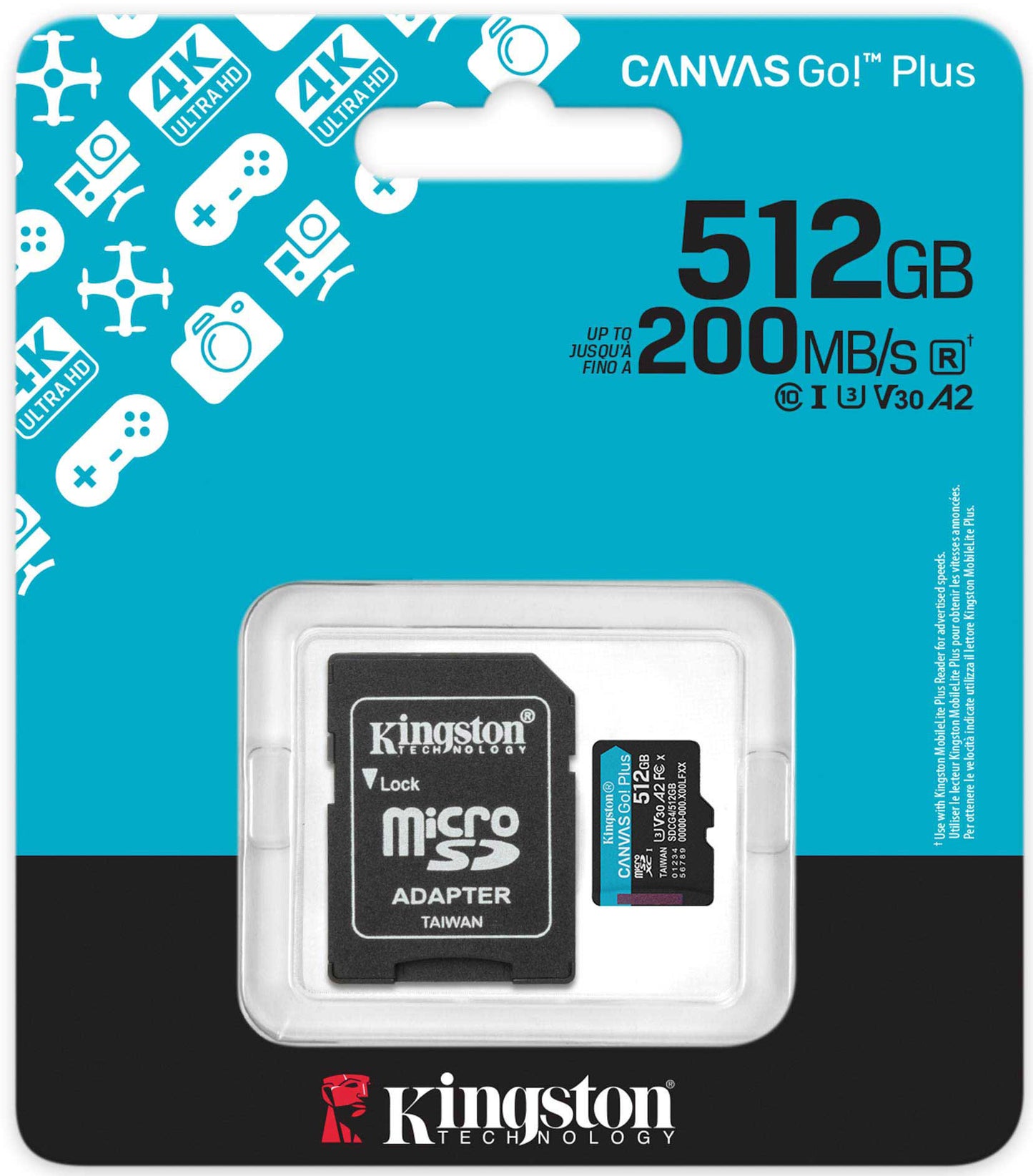 Card Memorie microSDXC Kingston Canvas Go Plus Android A2, 512Gb, Clasa 10 / UHS-1 U3, Cu Adaptor SDCG4/512GB
