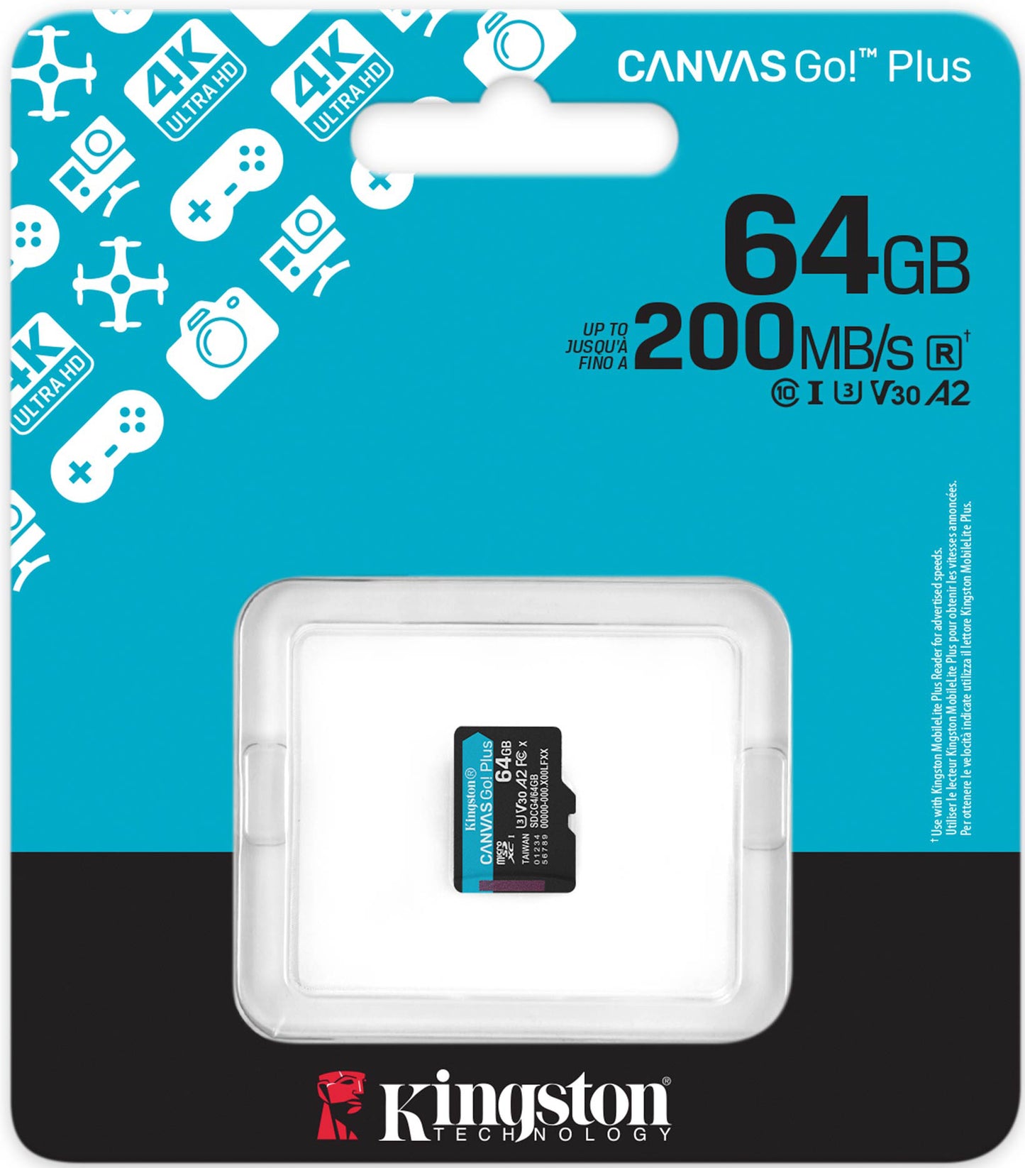 Card Memorie microSDXC Kingston Canvas Go Plus Android A2, 64Gb, Clasa 10 / UHS-1 U3 SDCG4/64GBSP