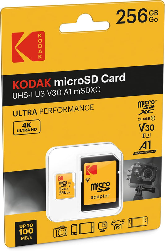 Card Memorie microSDXC Kodak, 256Gb, Clasa 10 / UHS-1 U3, Cu Adaptor EKMSDM256GXC10HPRK