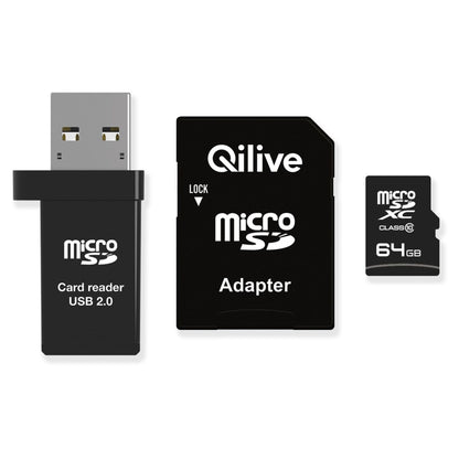 Card Memorie microSDXC Qilive, 64Gb, Clasa 10, Cu Cititor Card si Adaptor EKMSDM64GXC10QL
