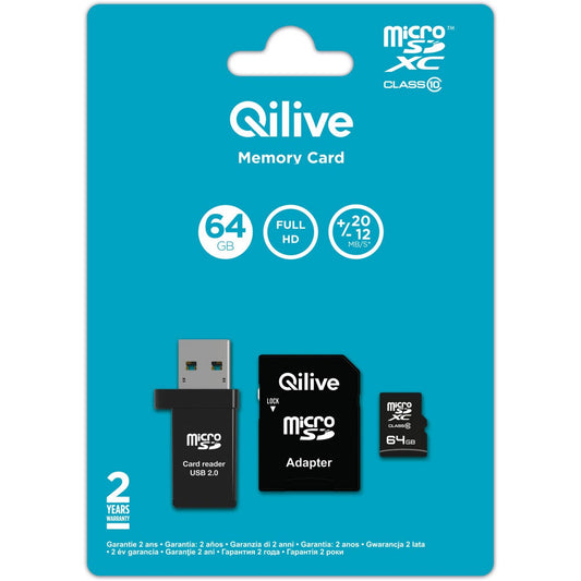 Card Memorie microSDXC Qilive, 64Gb, Clasa 10, Cu Cititor Card si Adaptor EKMSDM64GXC10QL