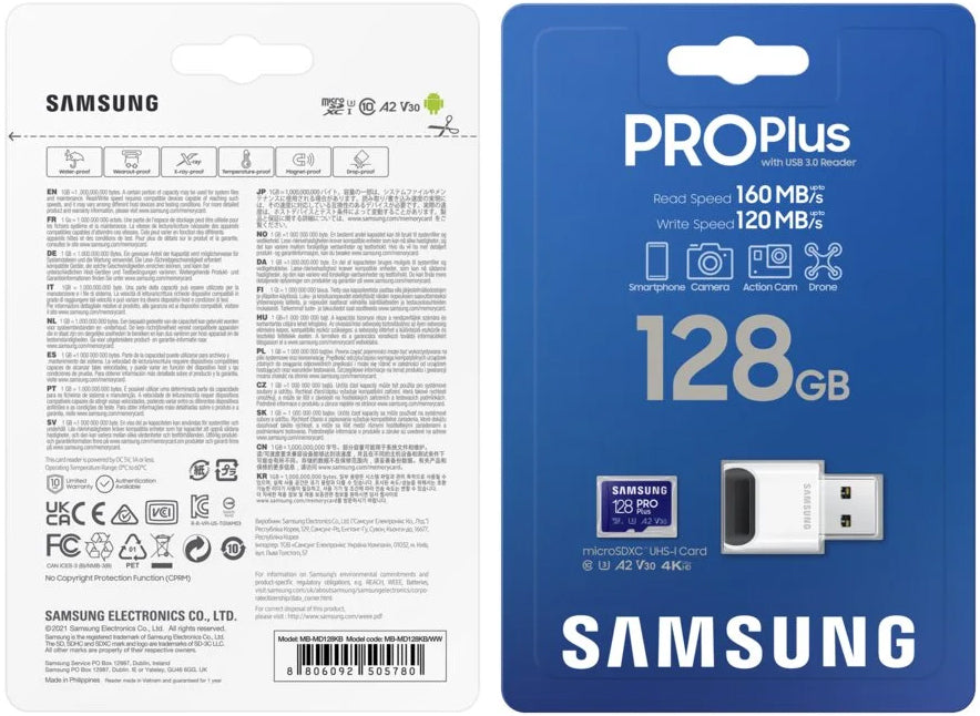 Card Memorie microSDXC Samsung PRO Plus, 128Gb, Clasa 10 / UHS-1 U3, Cu Cititor Card si Adaptor MB-MD128KB/WW