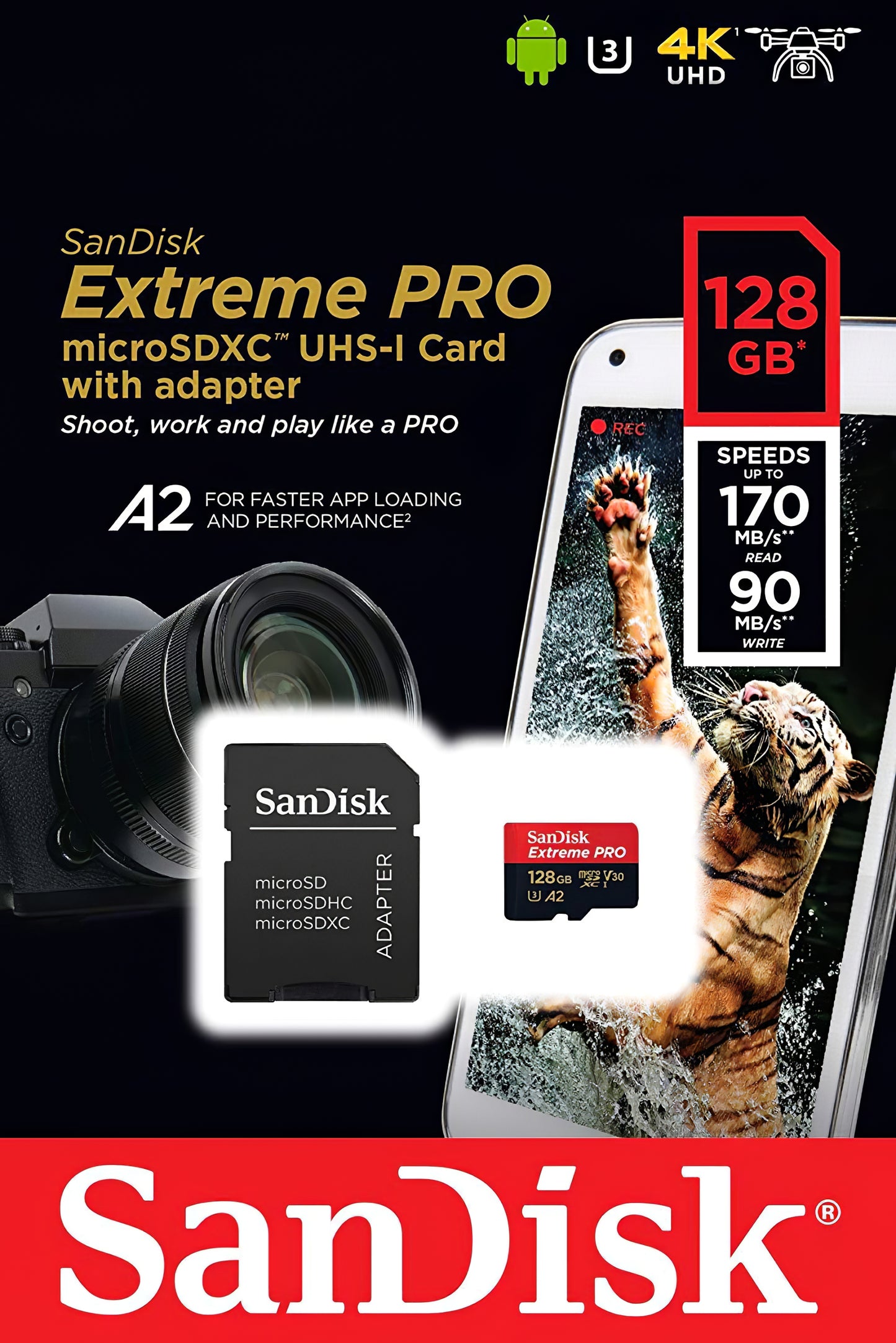 Card Memorie microSDXC SanDisk Extreme Pro, 128Gb, Clasa 10 / UHS-1 U3, Cu Adaptor SDSQXCD-128G-GN6MA