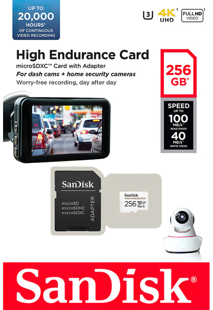 Card Memorie microSDXC SanDisk High Endurance, 256Gb, Clasa 10 / UHS-1 U3, Cu Adaptor SDSQQNR-256G-GN6IA
