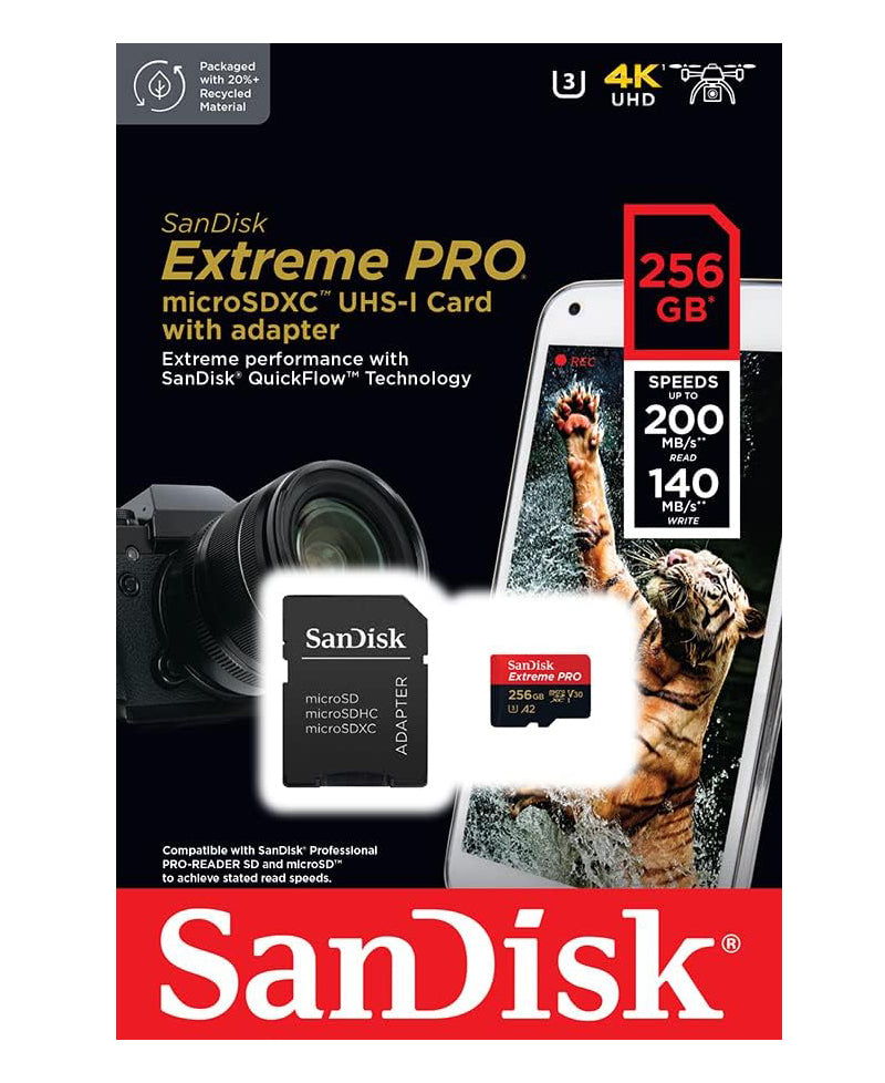 Card Memorie microSDXC SanDisk Extreme Pro, 256Gb, Clasa 10 / UHS-1 U3, Cu Adaptor SDSQXCD-256G-GN6MA